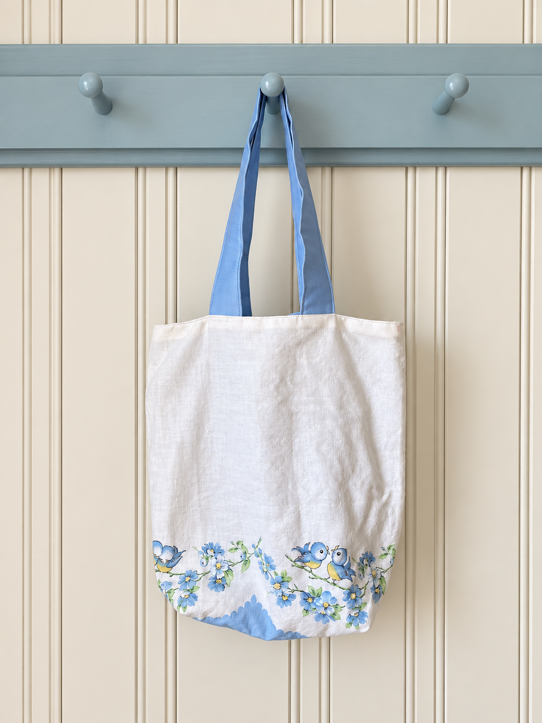 Handmade Bluebird Feed Sack Tote Bag