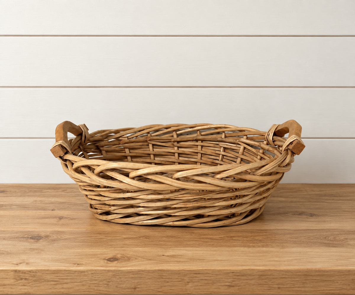 Large Woven Willow Basket with Wood Handles