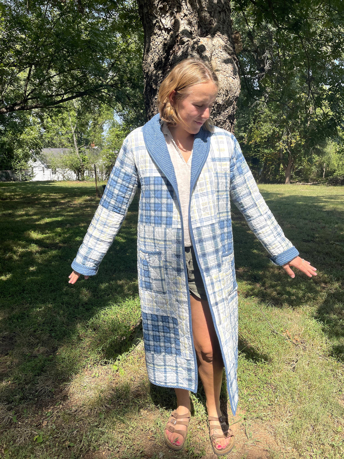 Blue Plaid Quilted Duster Coat