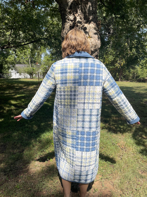 Blue Plaid Quilted Duster Coat