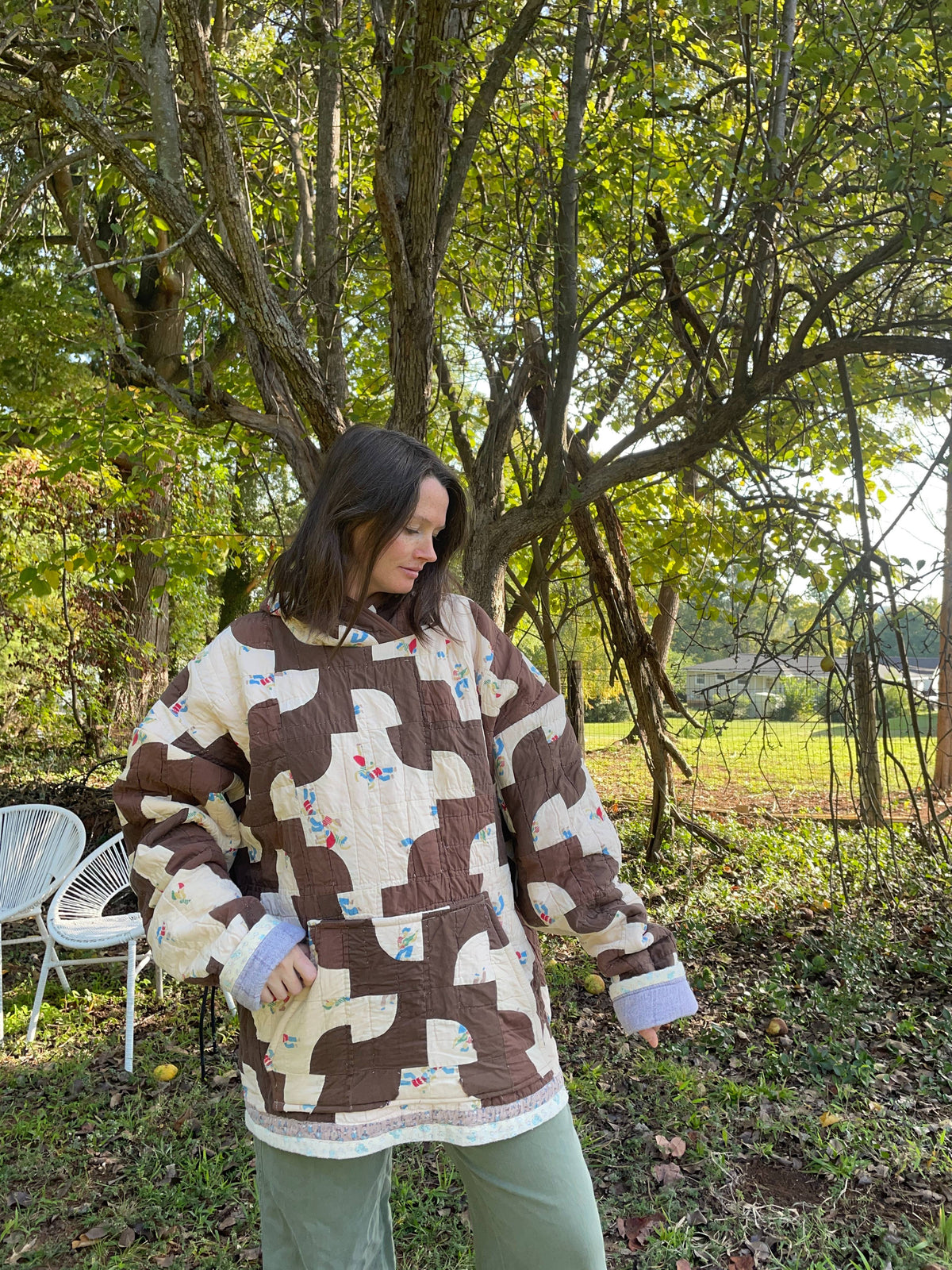 Brown + Cream Vintage Quilt Hoodie Coat
