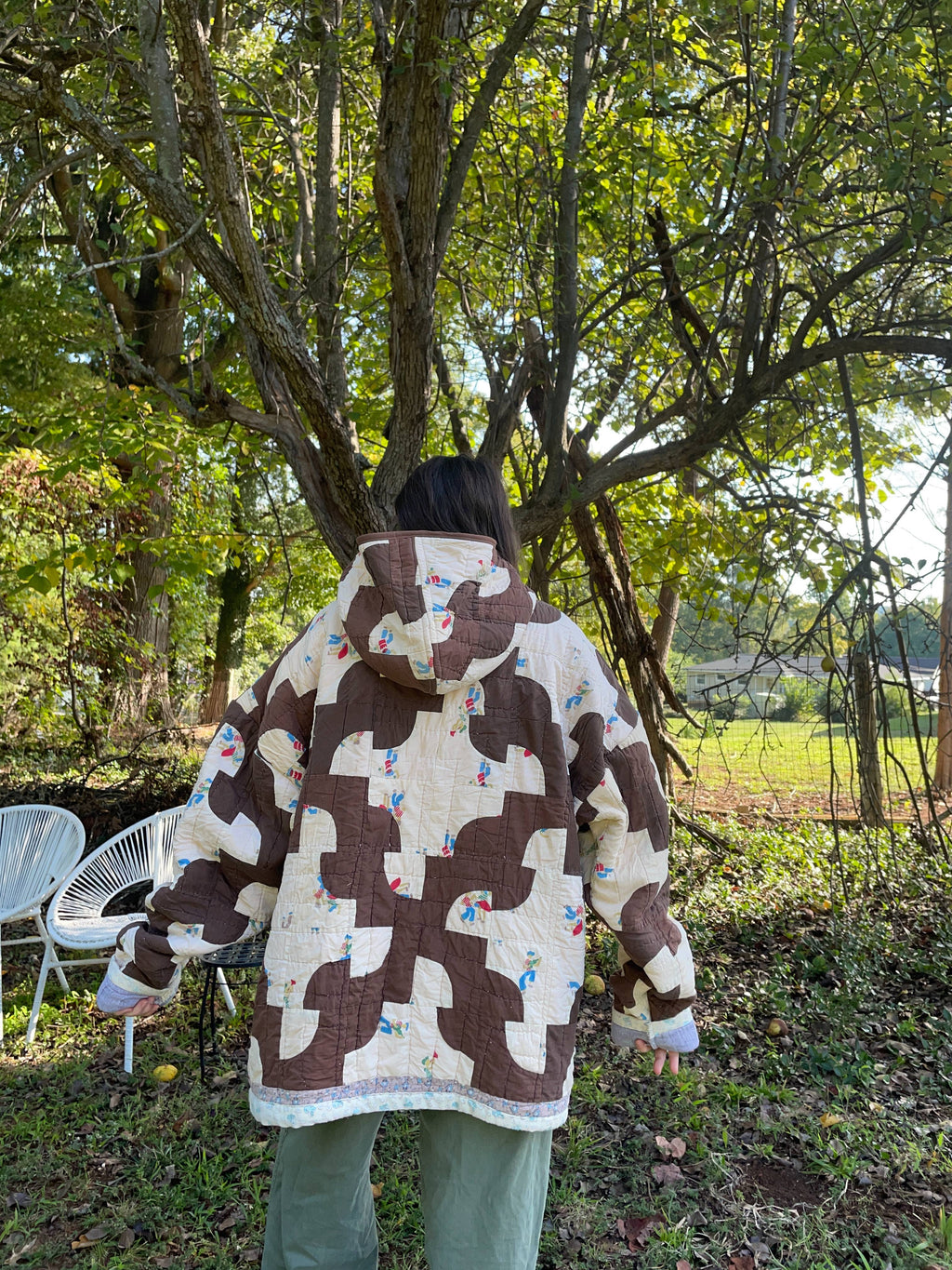 Brown + Cream Vintage Quilt Hoodie Coat